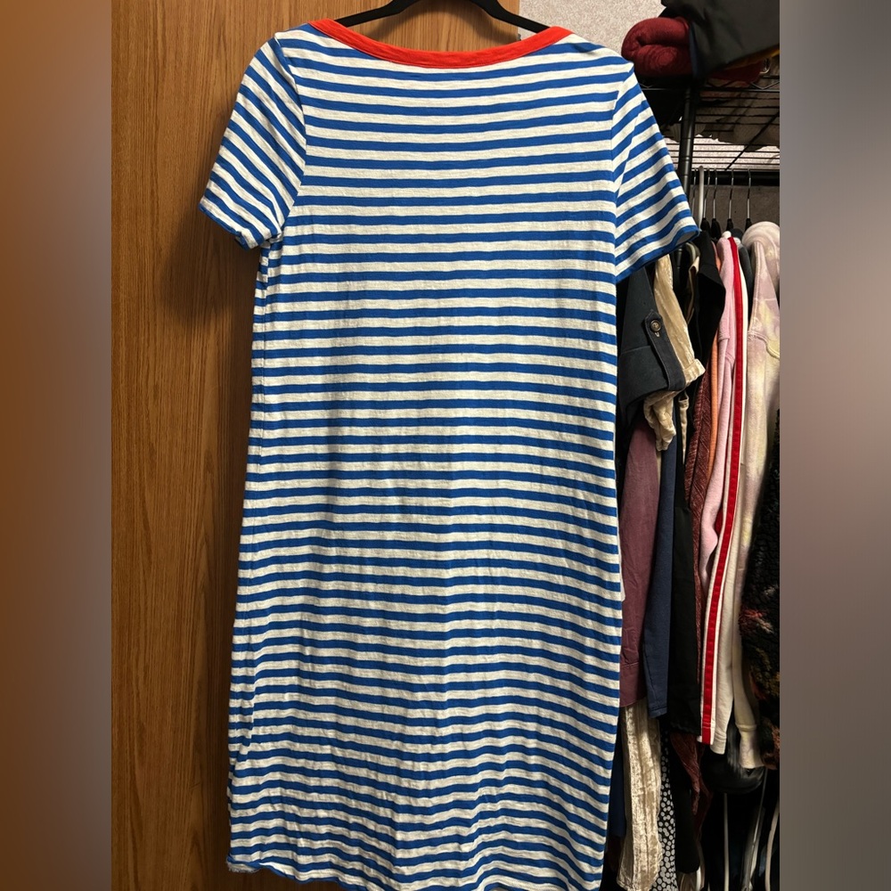 Boden blue and white dress with red collar